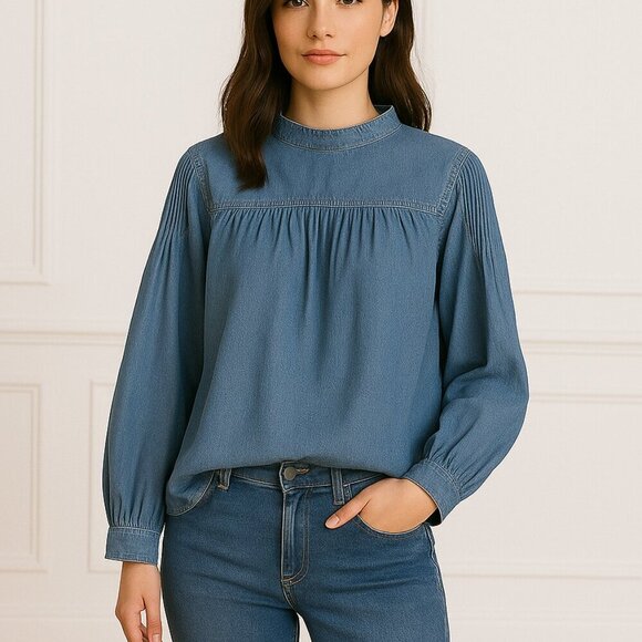 Unsubscribed Denim Pintuck Detailed Cotton Blouse Top NWT - Picture 1 of 10